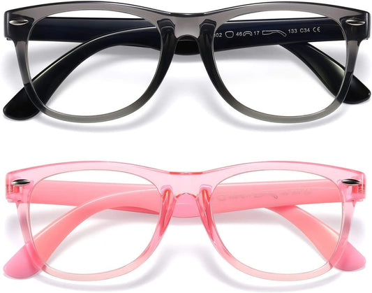 Kids Blue Light Blocking Glasses Girls Boys 2 Pack, Computer Video Gaming Glasses for Kids Girls Boys Age 3-9,Anti Blue Light & Headache (Transparent Black + Transparent Pink)