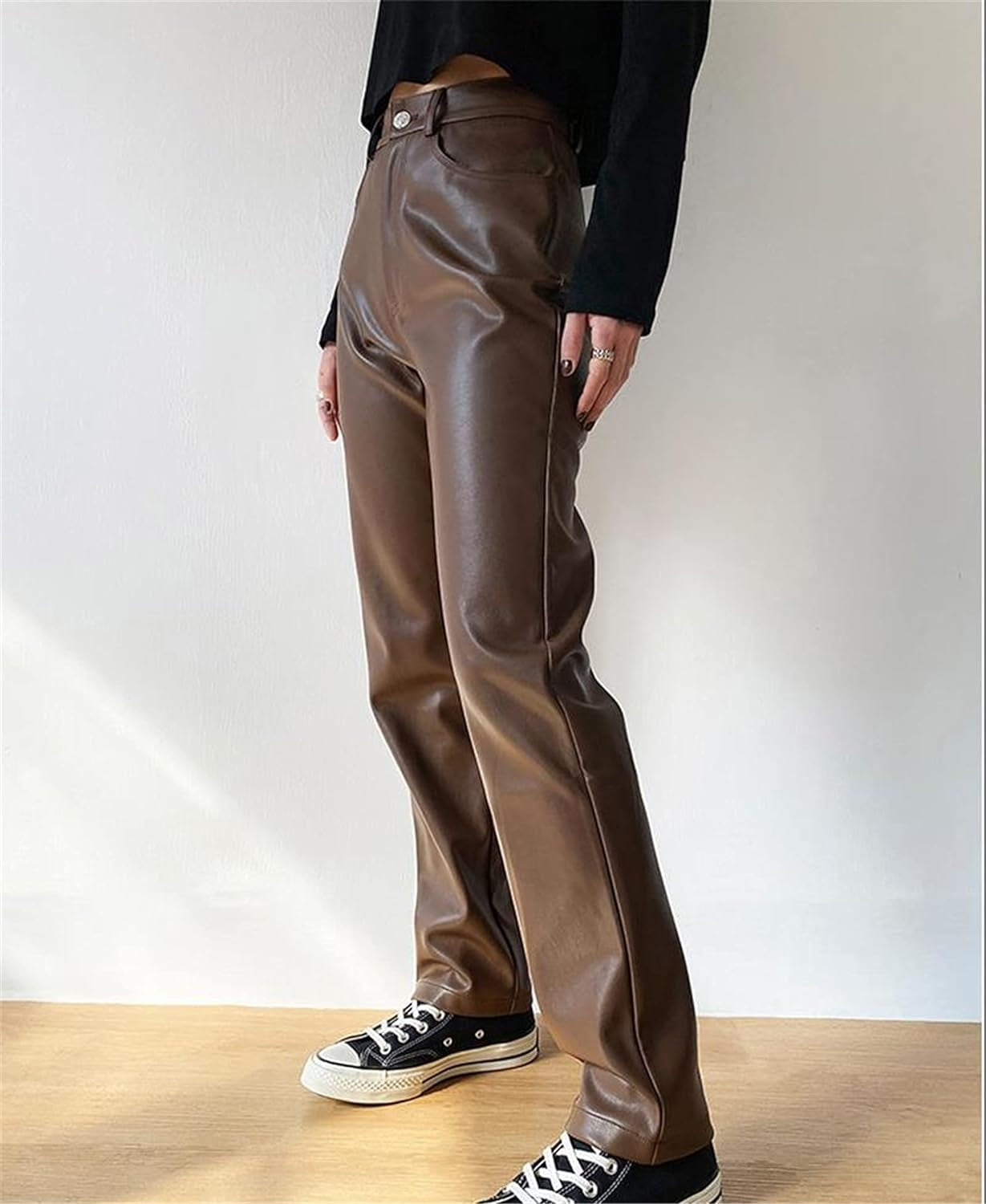 Women Faux Leather Pants High Waist Wide Leg Vintage Pu Trousers Y2K Sexy Baggy Straight Leather Pants Streetwear (Brown B, XL)