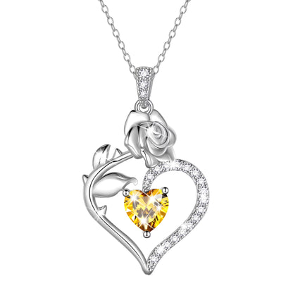925 Sterling Silver Birthstone Necklace Rose Flower Heart Pendant Jewelry Christmas Valentines Mother'S Day Gifts for Women Mom Wife/Lover