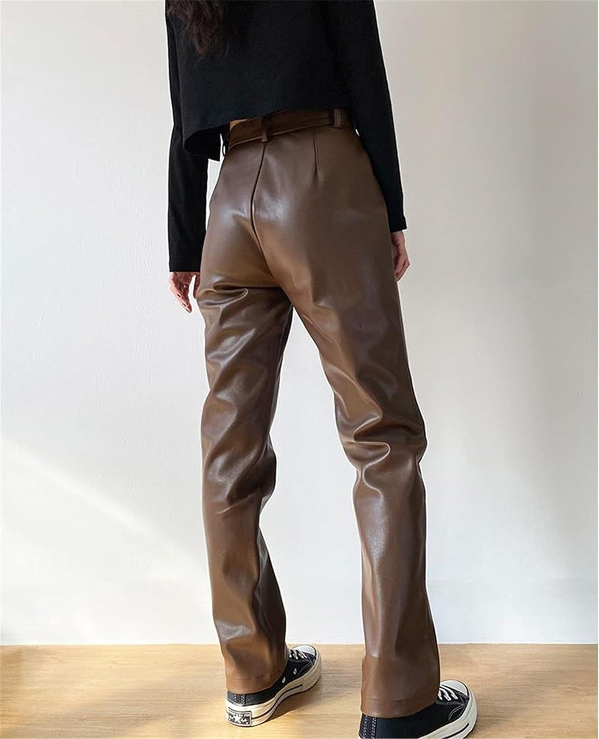 Women Faux Leather Pants High Waist Wide Leg Vintage Pu Trousers Y2K Sexy Baggy Straight Leather Pants Streetwear (Brown B, XL)