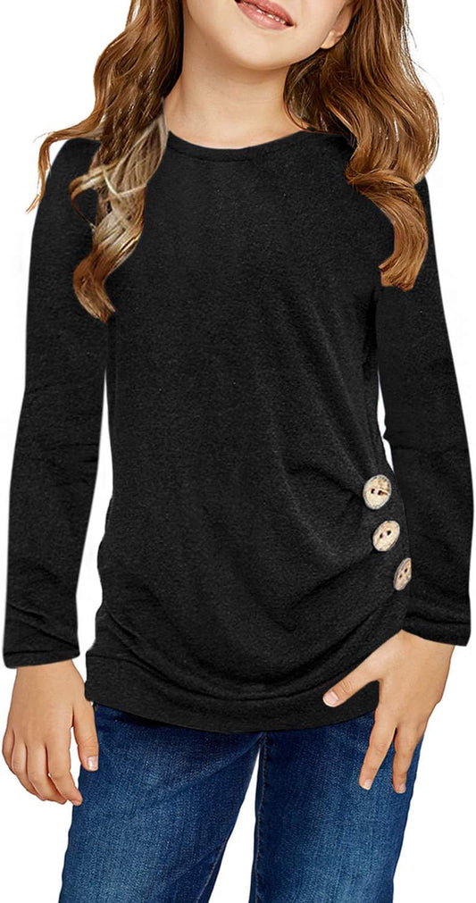 Girls Casual Tunic Tops Knot Front Long Sleeve Loose Soft Blouse T-Shirt Size 4-13