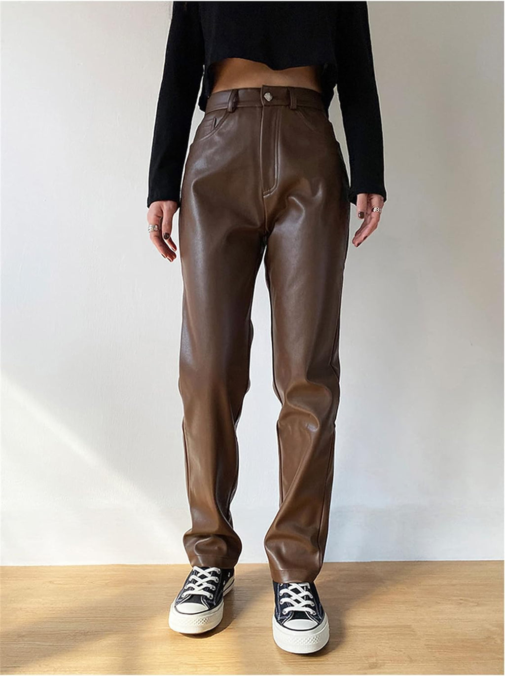 Women Faux Leather Pants High Waist Wide Leg Vintage Pu Trousers Y2K Sexy Baggy Straight Leather Pants Streetwear (Brown B, XL)