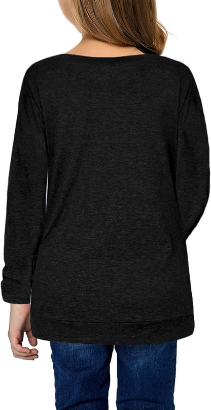 Girls Casual Tunic Tops Knot Front Long Sleeve Loose Soft Blouse T-Shirt Size 4-13
