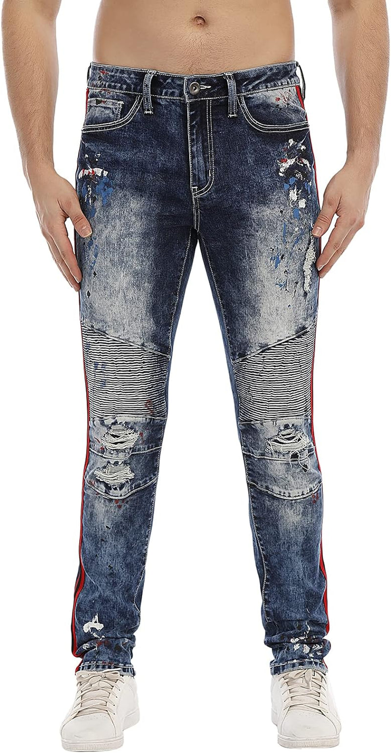 Jeans for Men Skinny Jeans Men Ripped Distressed Denim Jeans Destroyed Slim Fit Jeans Elastic Cool Denim Pants Blue Red